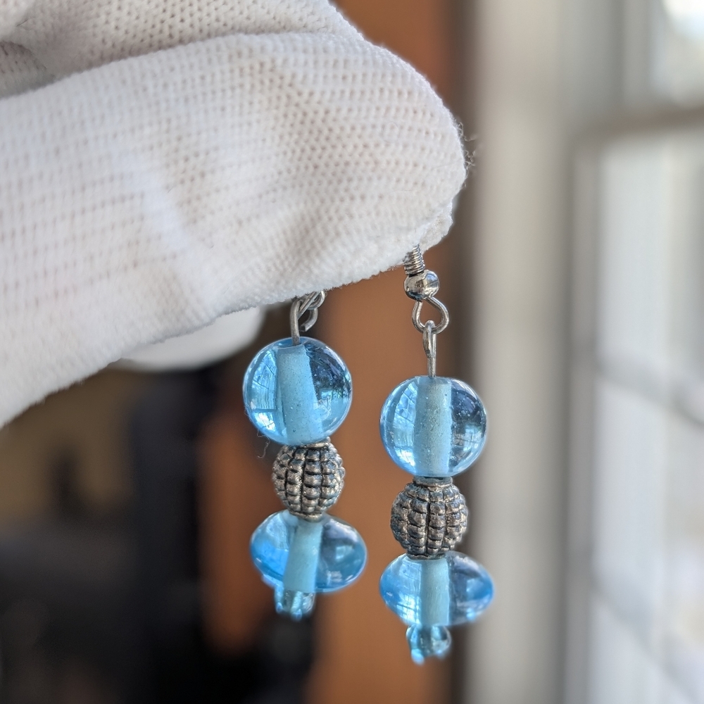Aqua Blue Glass Bead Dangle Earrings | Silver-Tone